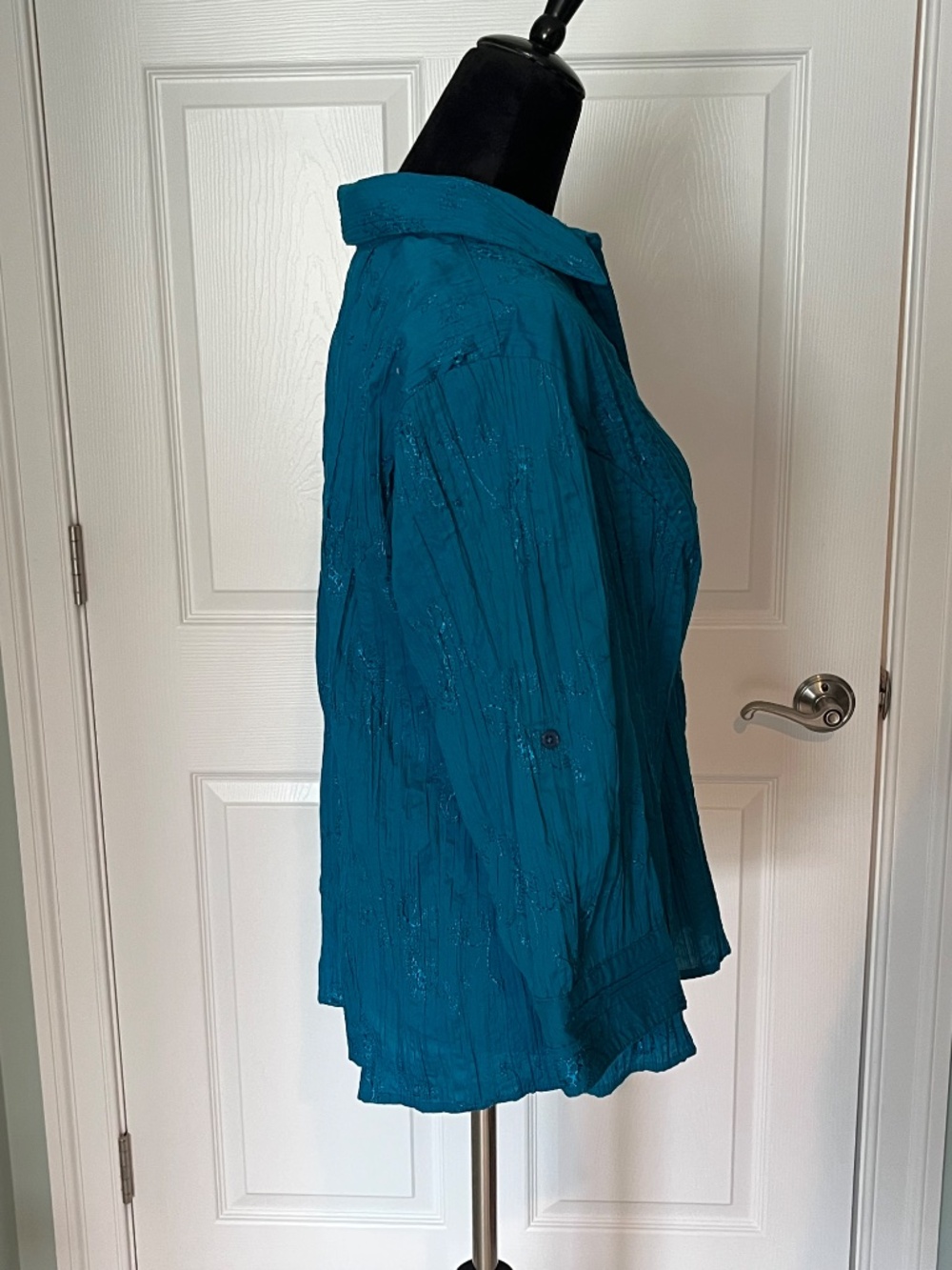 CJ Banks Bright Teal 3/4 Sleeve Shimmer Button Front Blouse 1X - Picture 3 of 11